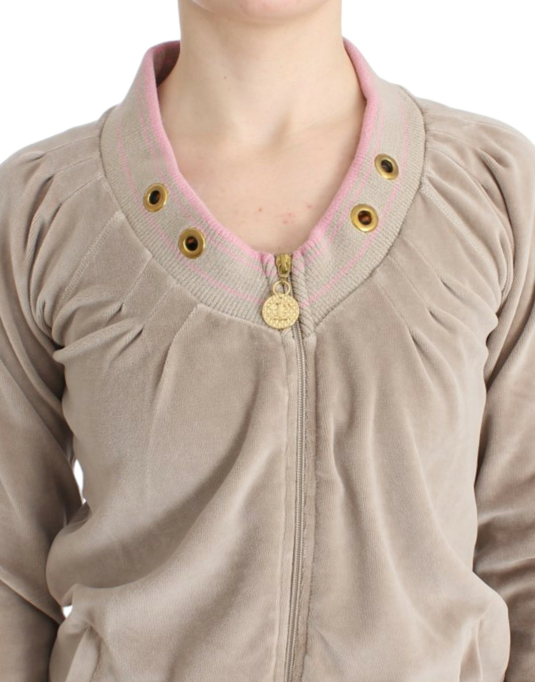 Beige Strickjacke mit Reißverschluss und goldfarbenen Akzenten