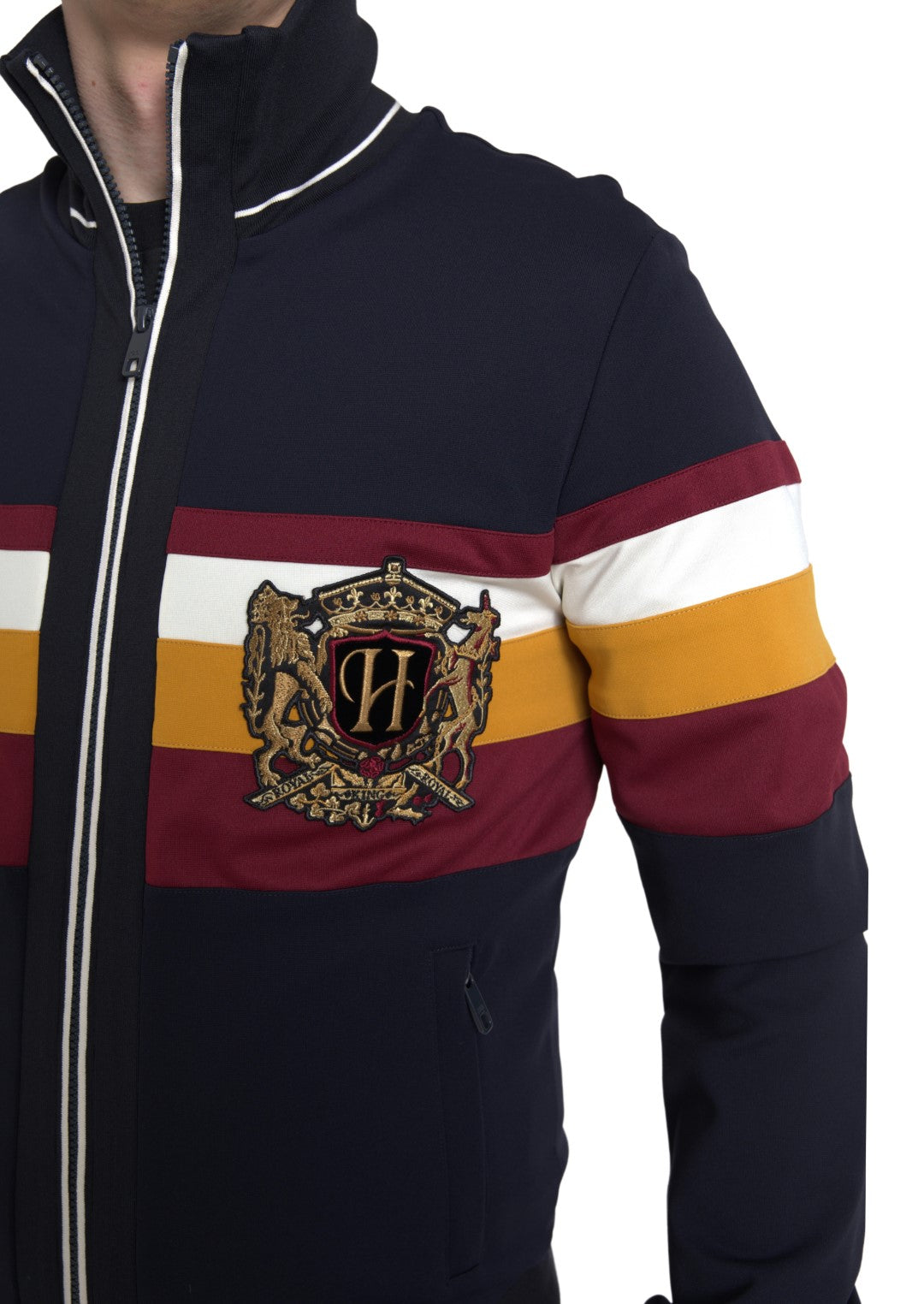 Elegante maglione cardigan con cerniera a righe blu