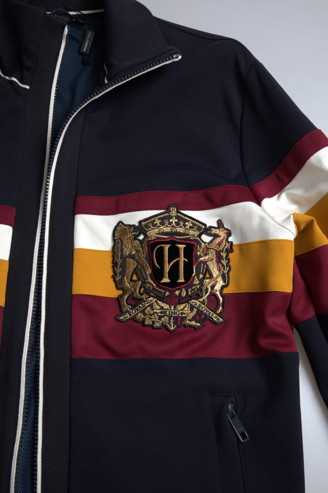 Elegante maglione cardigan con cerniera a righe blu