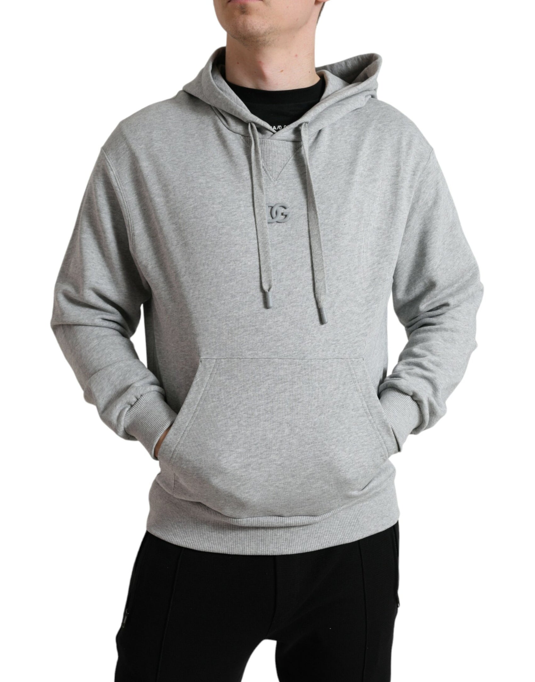 Schicker grauer Baumwollpullover mit Logo und Kapuze