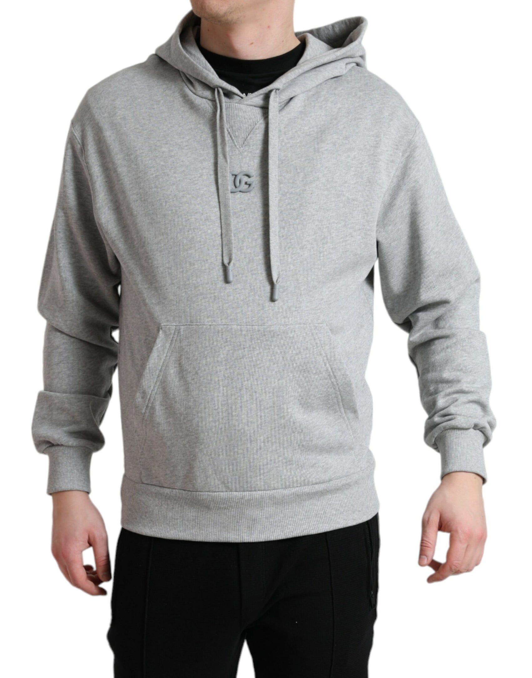 Schicker grauer Baumwollpullover mit Logo und Kapuze