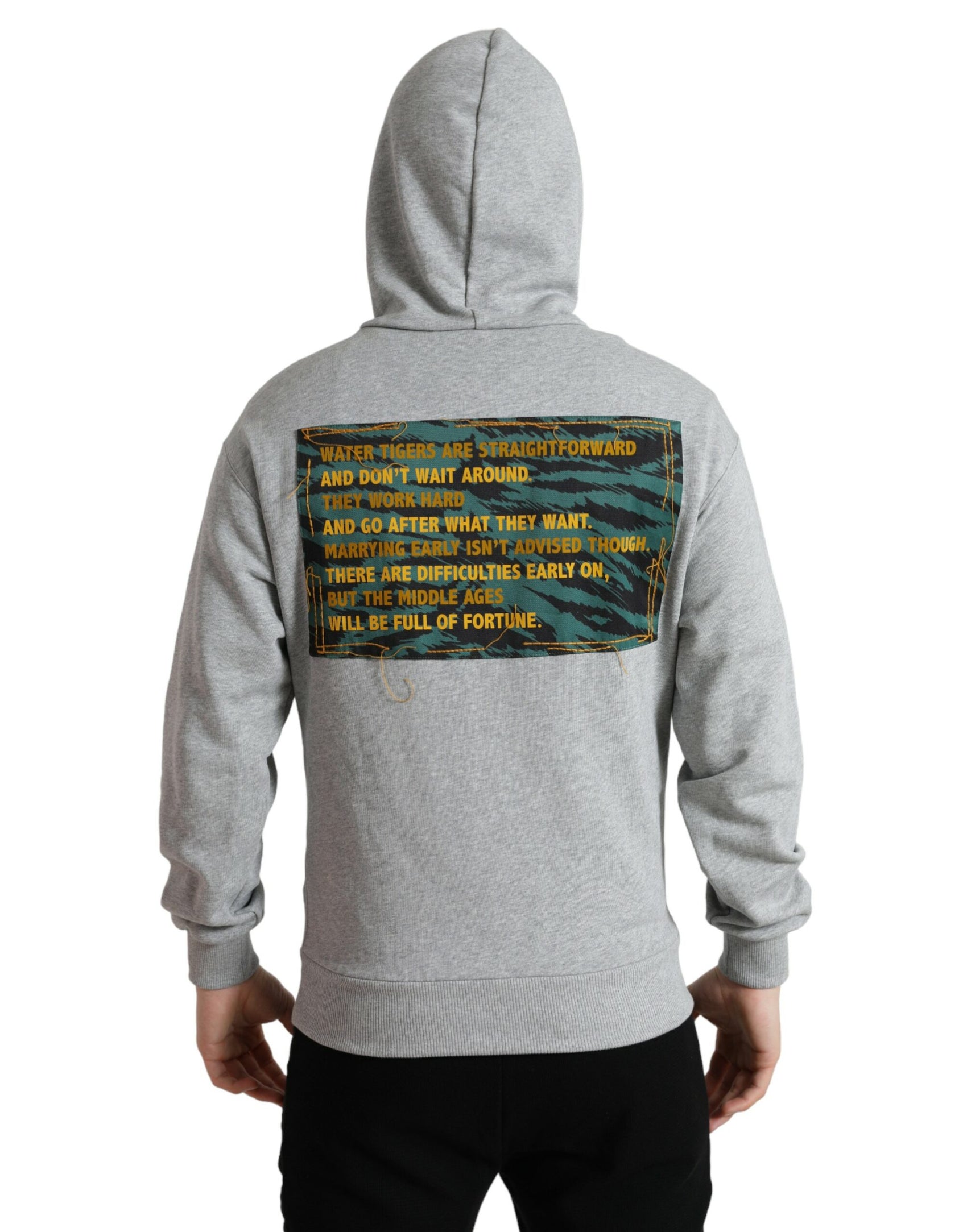 Schicker grauer Baumwollpullover mit Logo und Kapuze