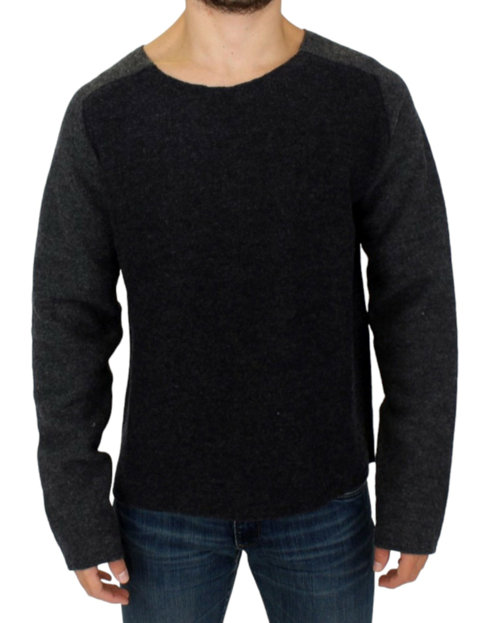 Schicker grauer Wollpullover mit Rundhalsausschnitt