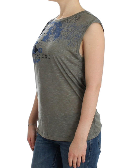 Top grigio senza maniche chic con dettagli blu