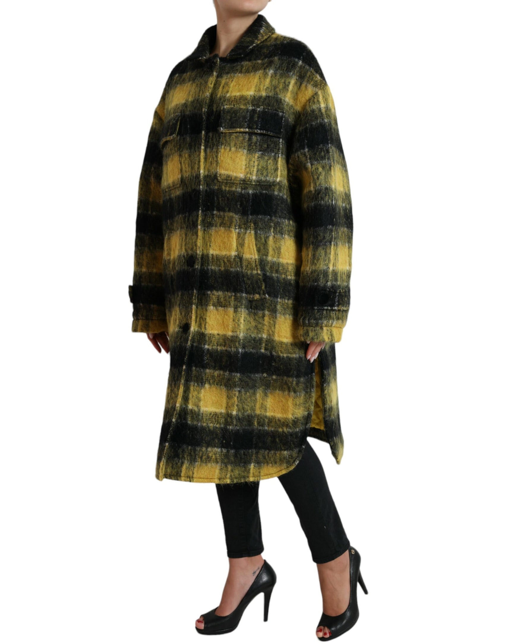 Cappotto lungo a quadri chic in giallo sole