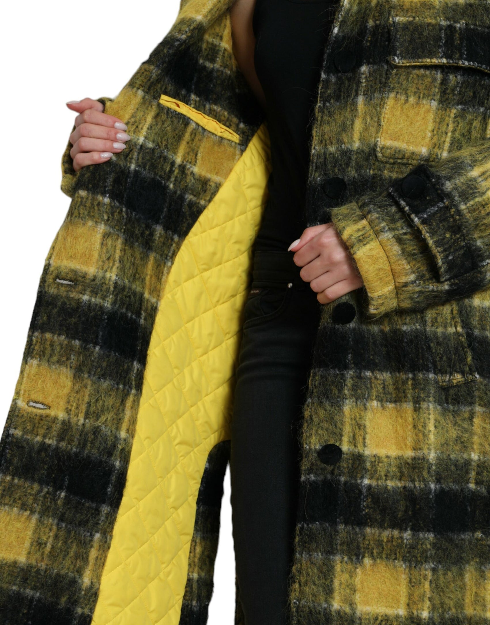 Cappotto lungo a quadri chic in giallo sole