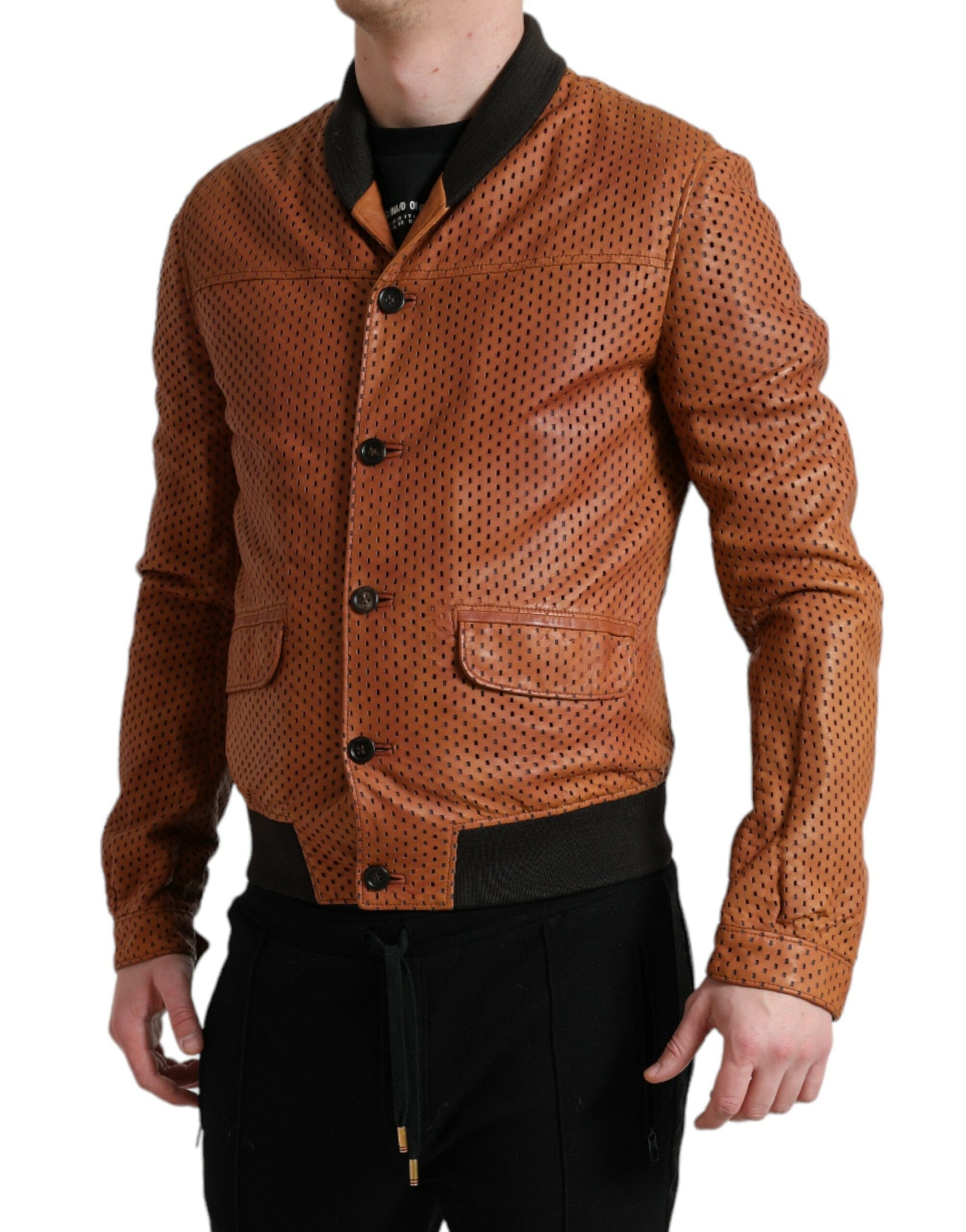 Elegante giubbotto bomber in pelle traforata