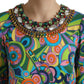 Dolce & Gabbana Multicolor Geometric Print Silk Crystals Midi Dress