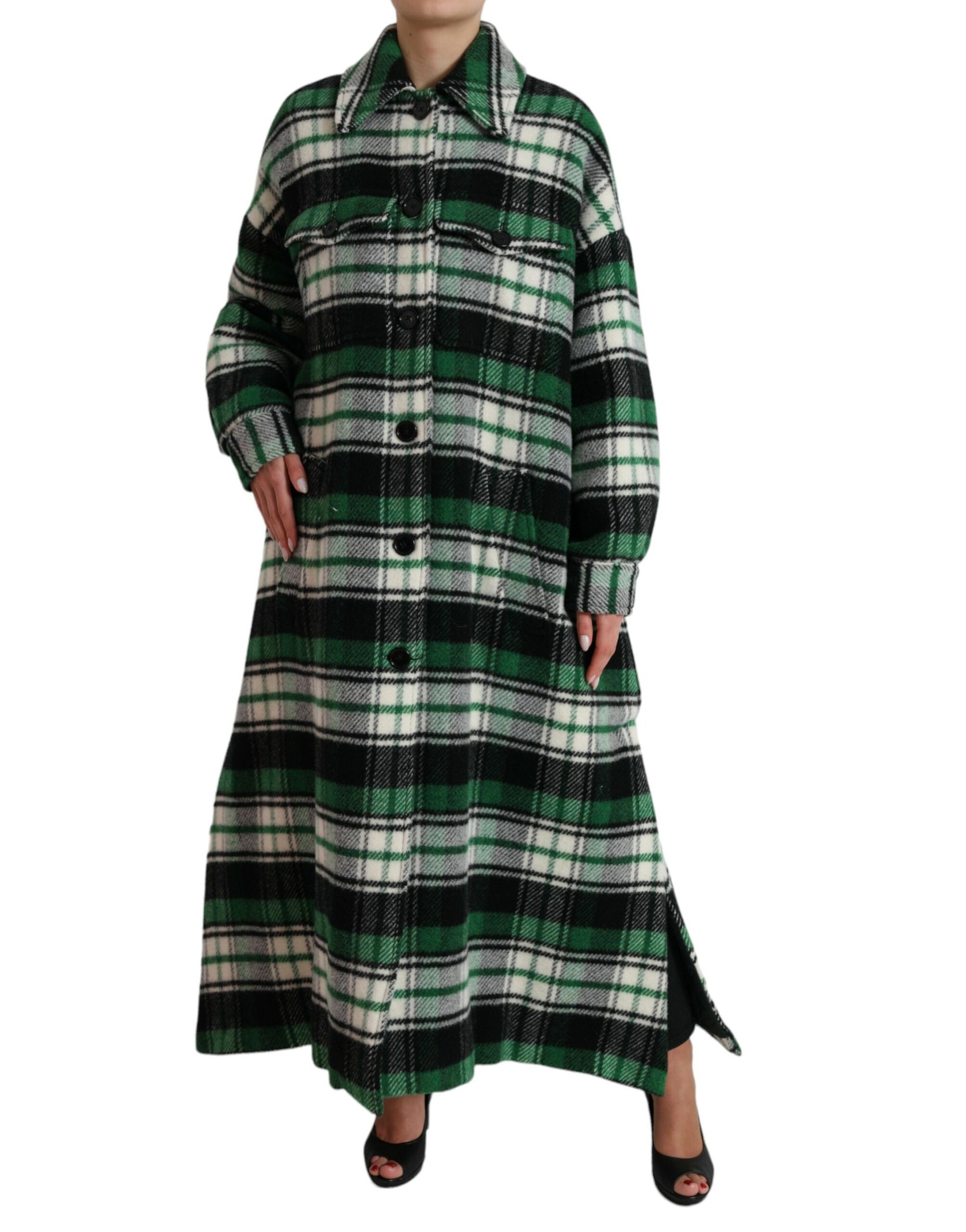 Elegante cappotto lungo a quadri verdi