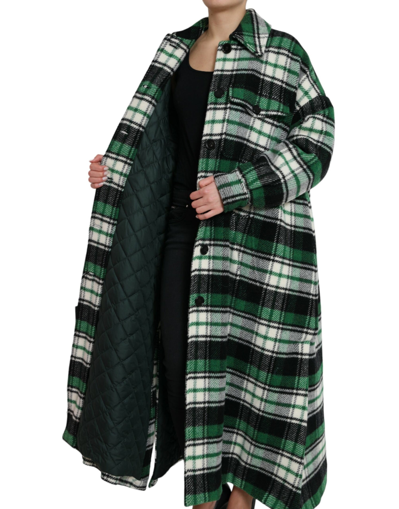 Elegante cappotto lungo a quadri verdi