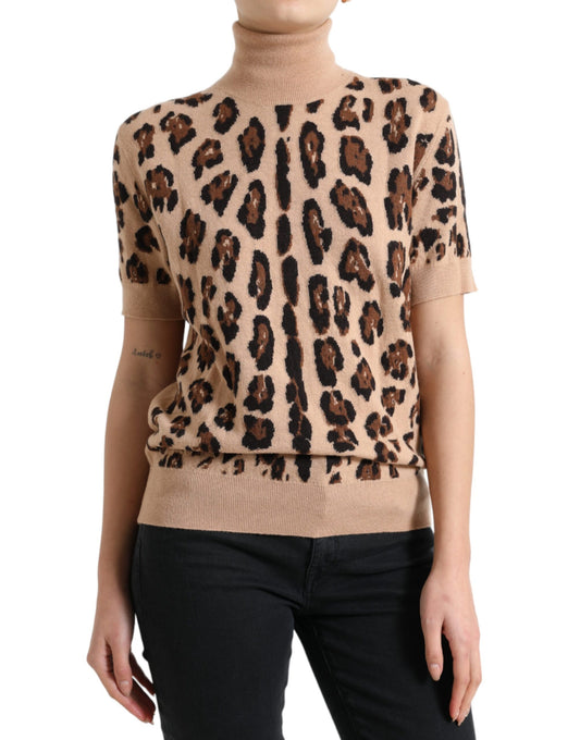 Elegante dolcevita in lana con motivo leopardato beige