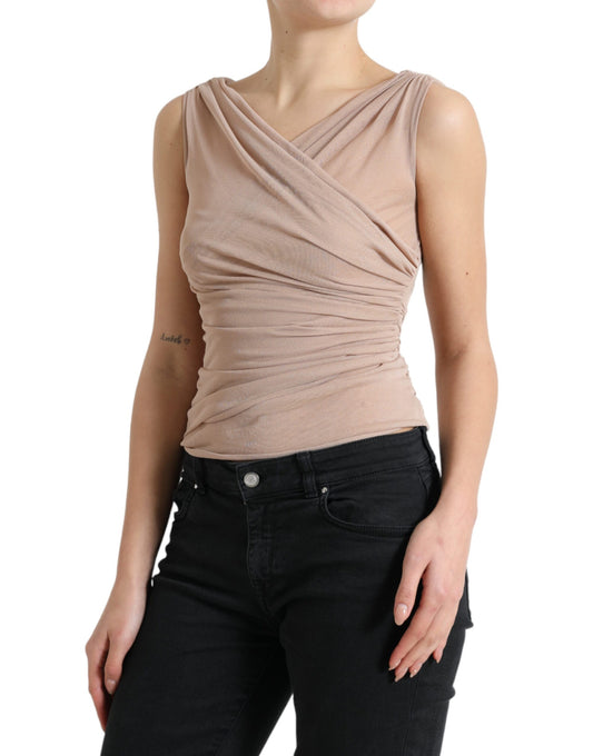 Elegante canotta senza maniche con scollo a V beige trasparente