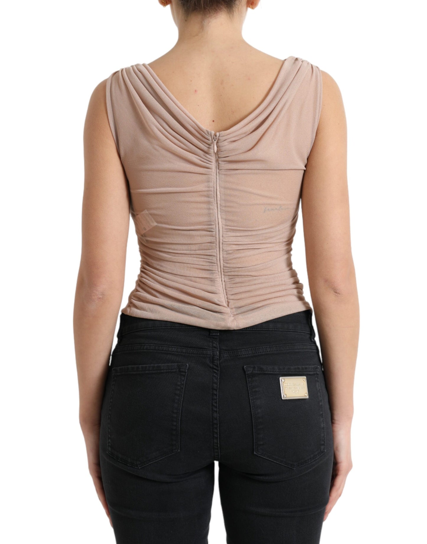 Elegante canotta senza maniche con scollo a V beige trasparente