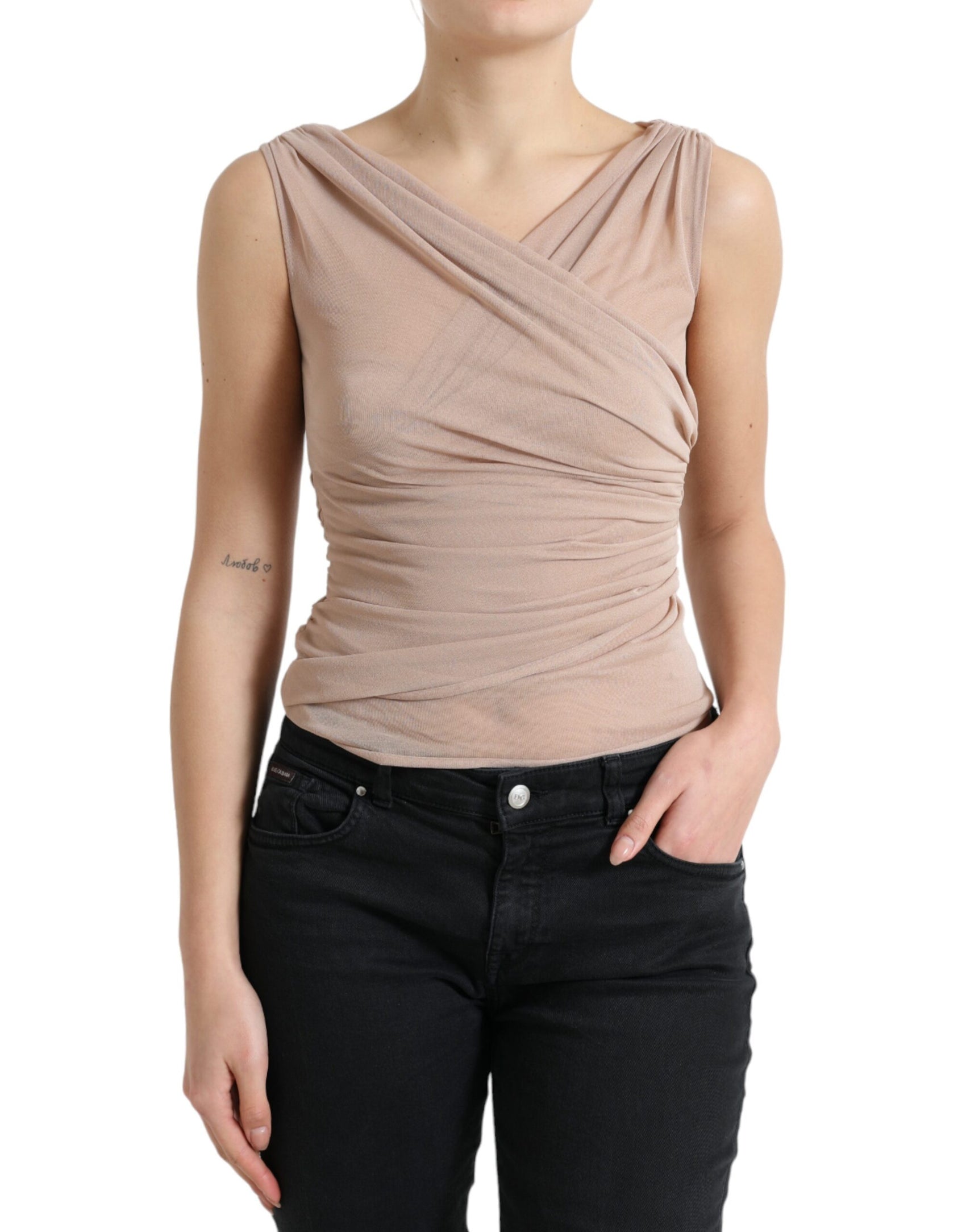 Elegante canotta senza maniche con scollo a V beige trasparente