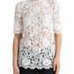 Dolce & Gabbana White Floral Lace Cotton Round Neck Blouse Top