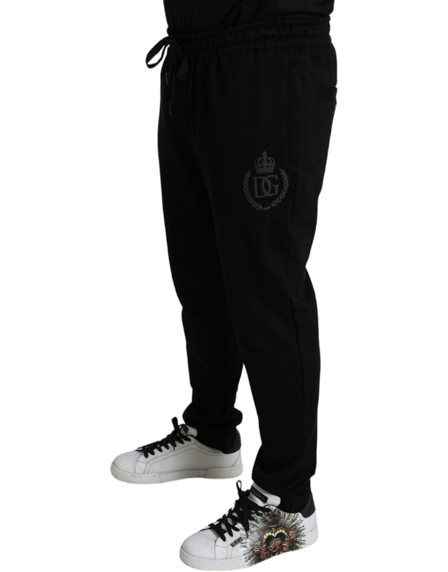Eleganti jogger in cotone nero con ricamo del logo