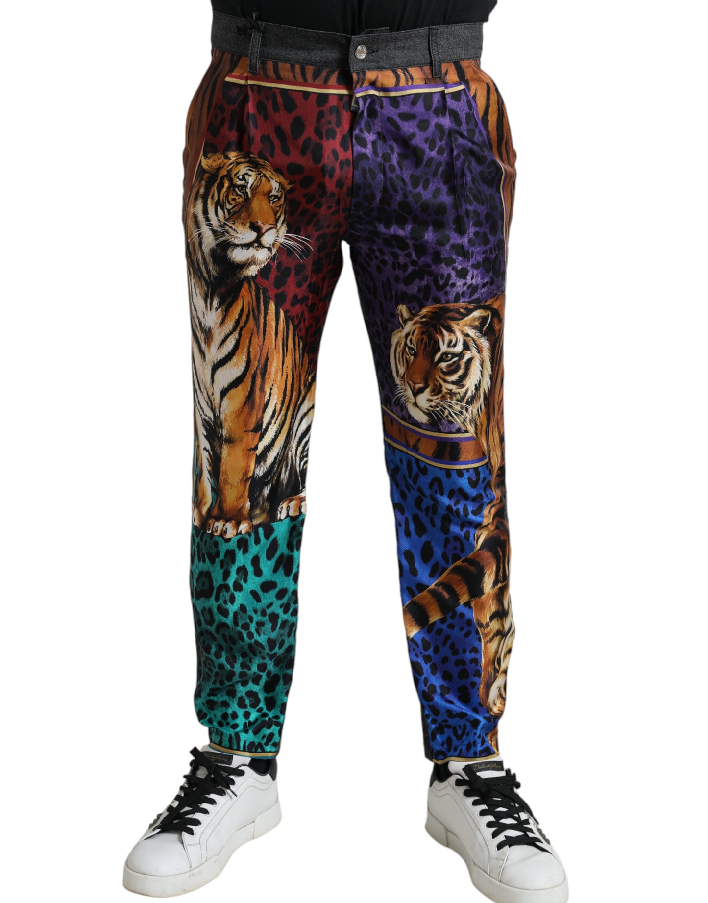 Jeans larghi in denim con stampa tigre multicolore