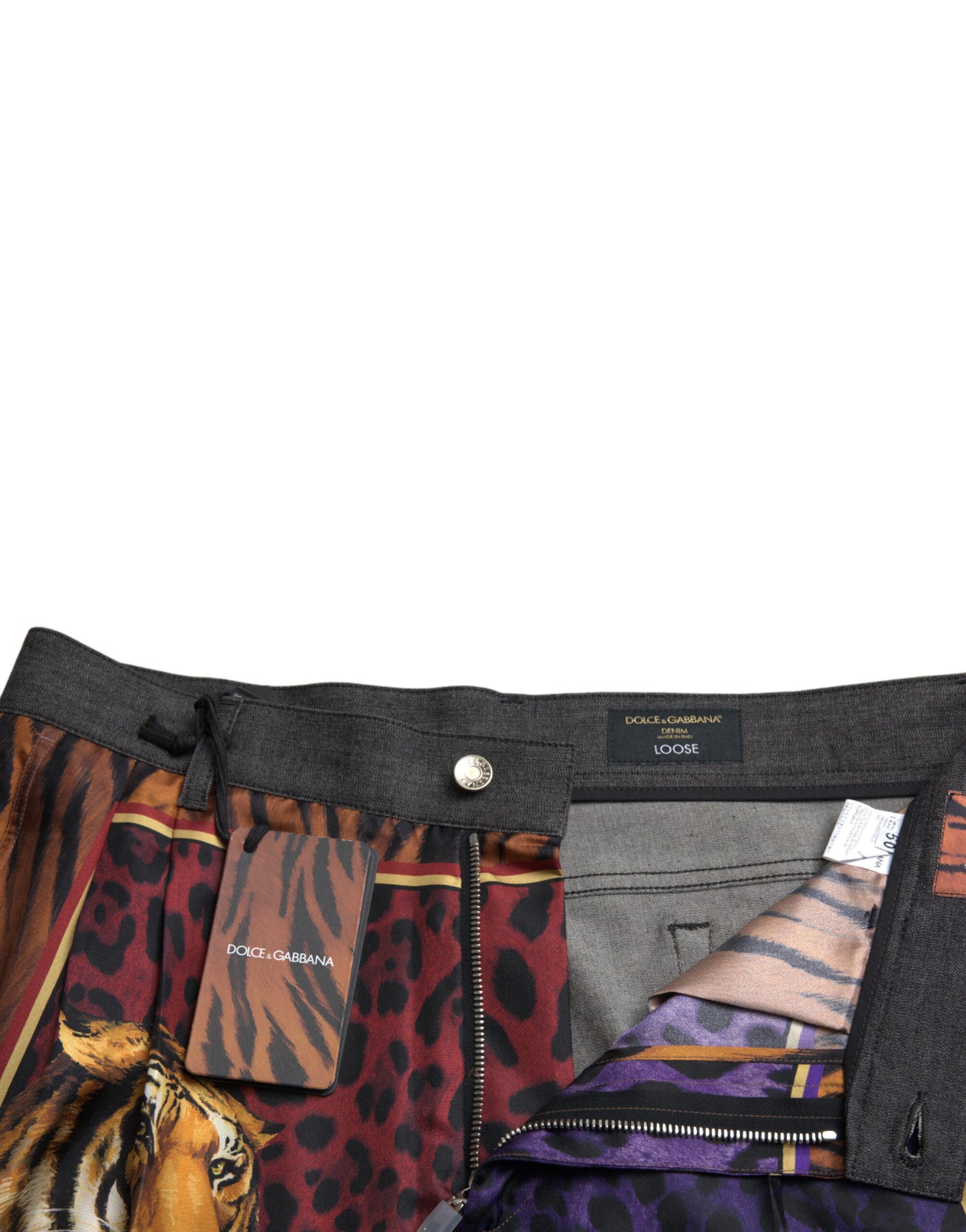 Jeans larghi in denim con stampa tigre multicolore