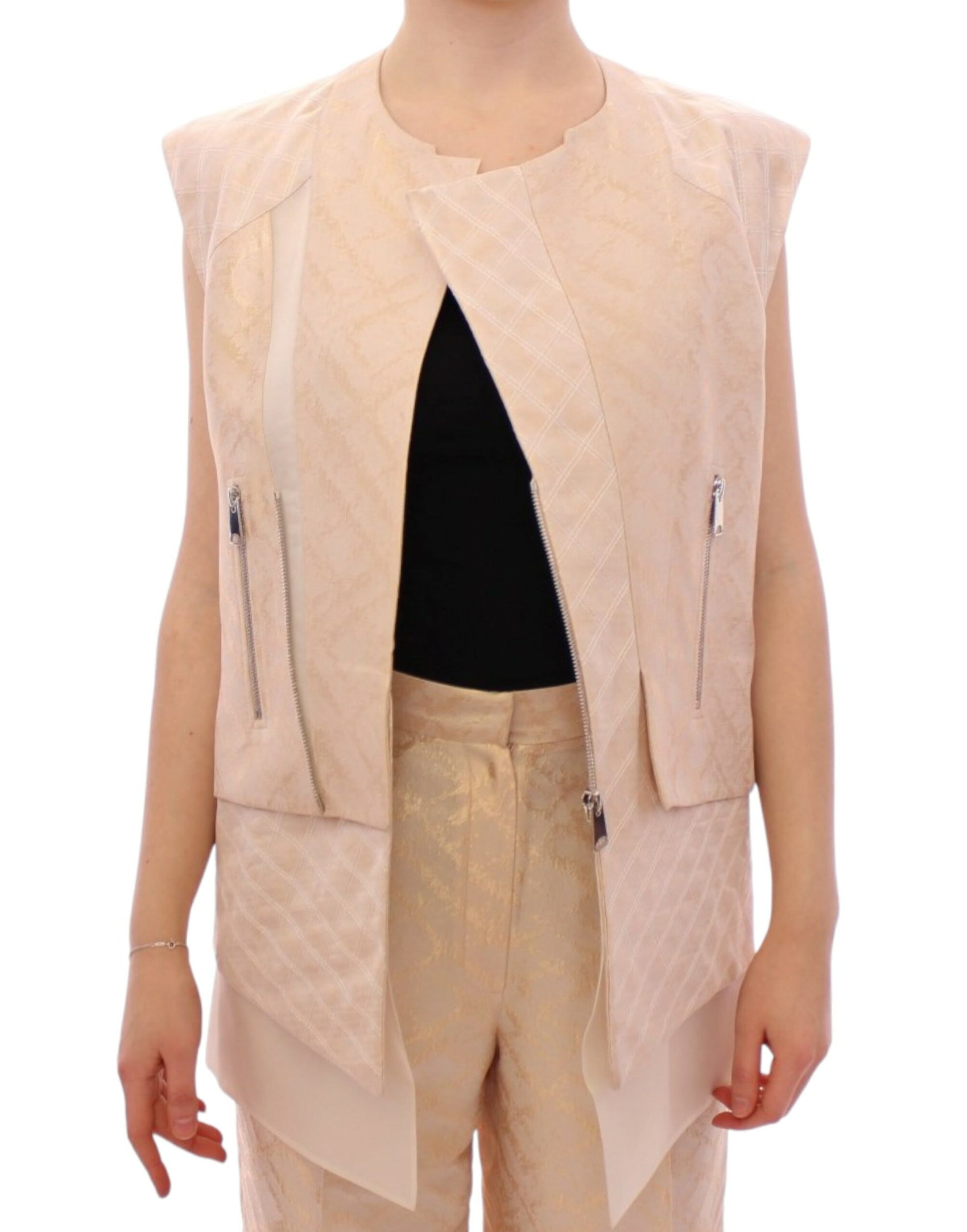 Exquisite beige Brokat-Ärmellose Jacke Weste
