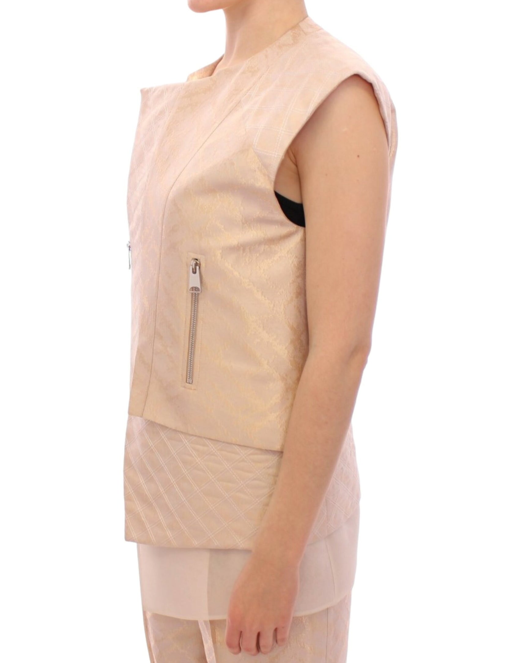 Exquisite beige Brokat-Ärmellose Jacke Weste