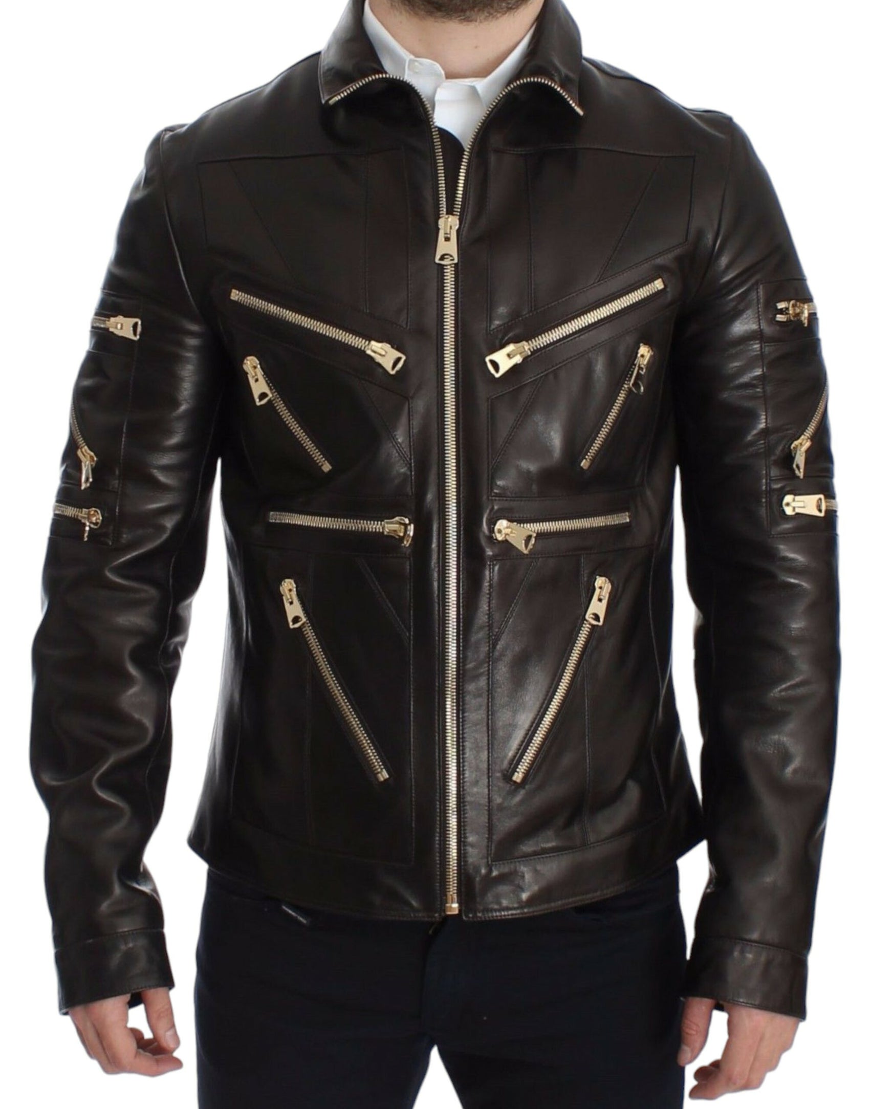 Elegant Brown Gold-Detailed Leather Jacket