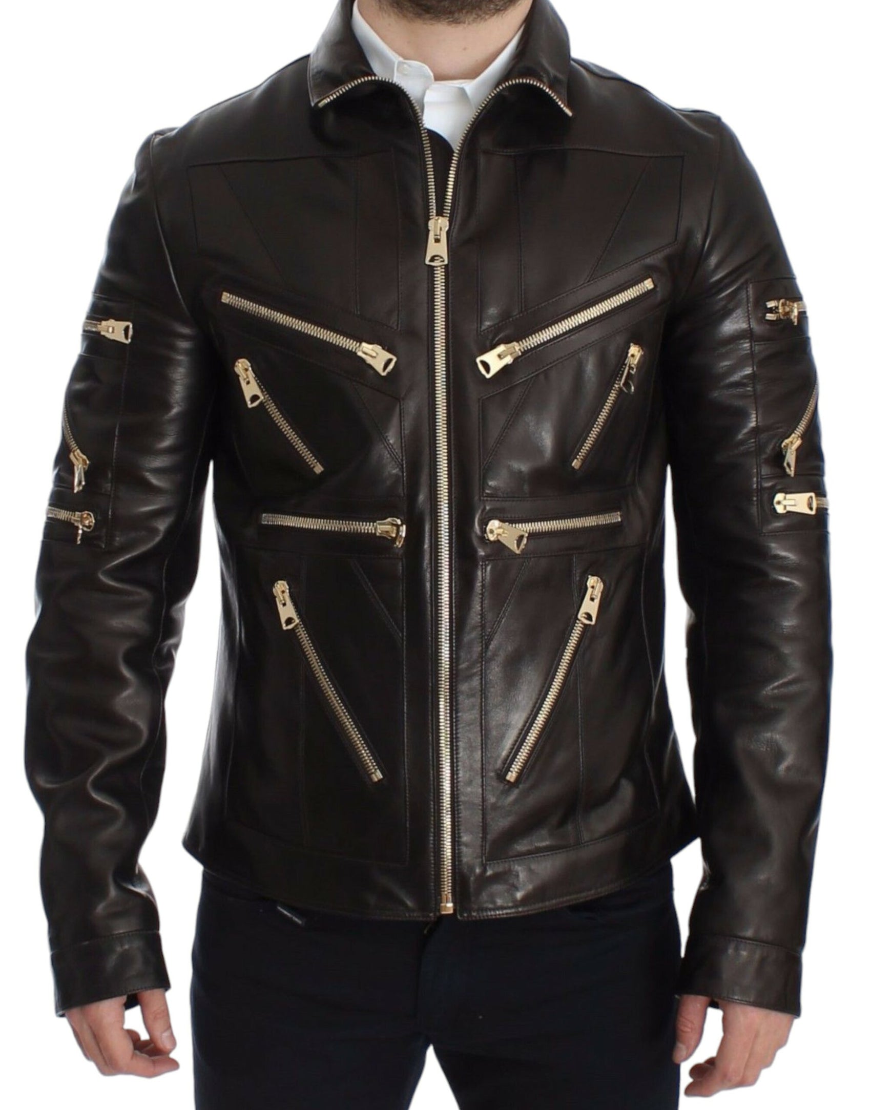 Elegante braune Lederjacke mit Golddetails
