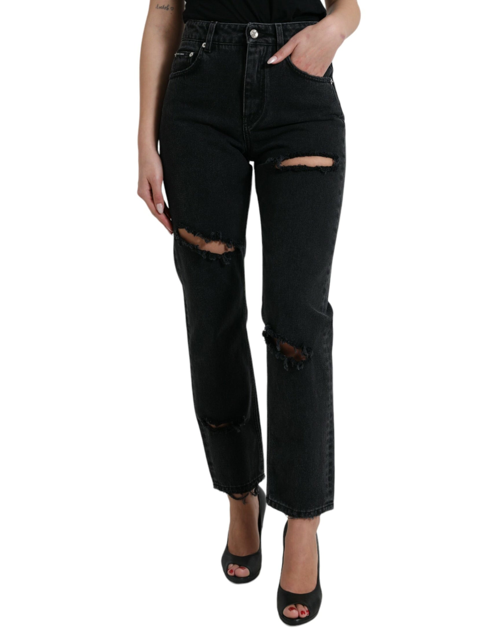 Eleganti jeans elasticizzati neri a vita alta