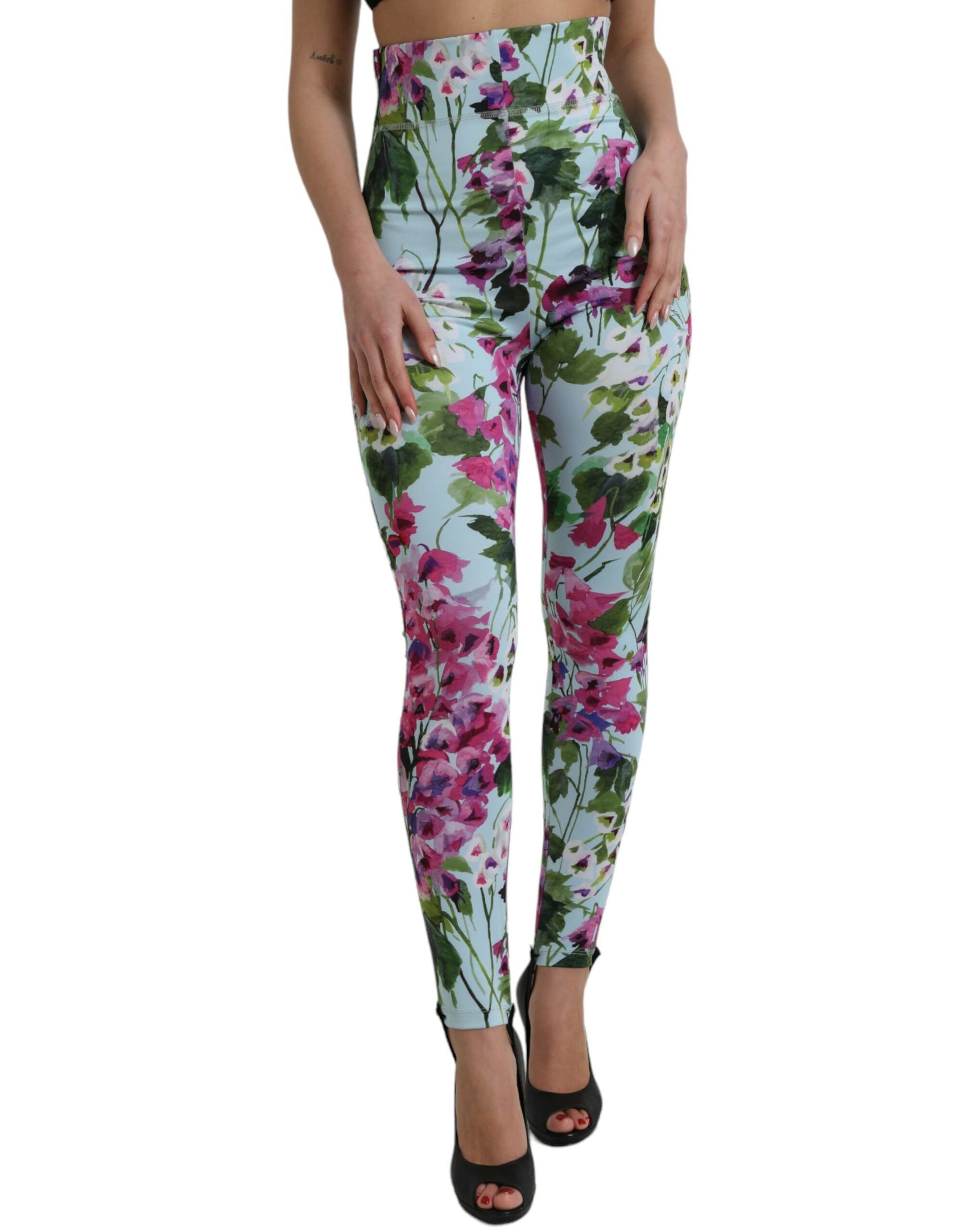 Eleganti pantaloni leggings a vita alta con motivo floreale
