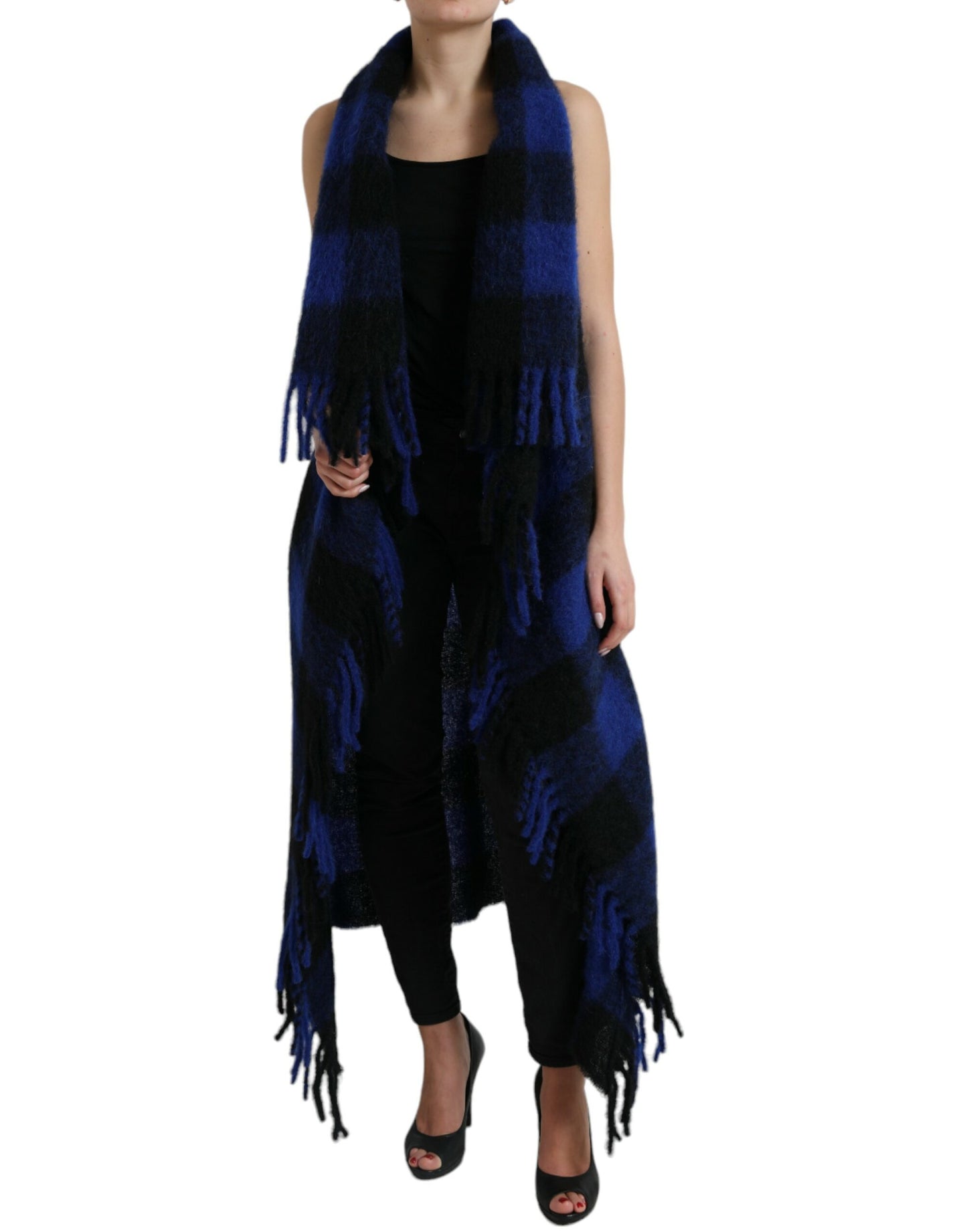Elegante poncho cardigan con frange a quadri