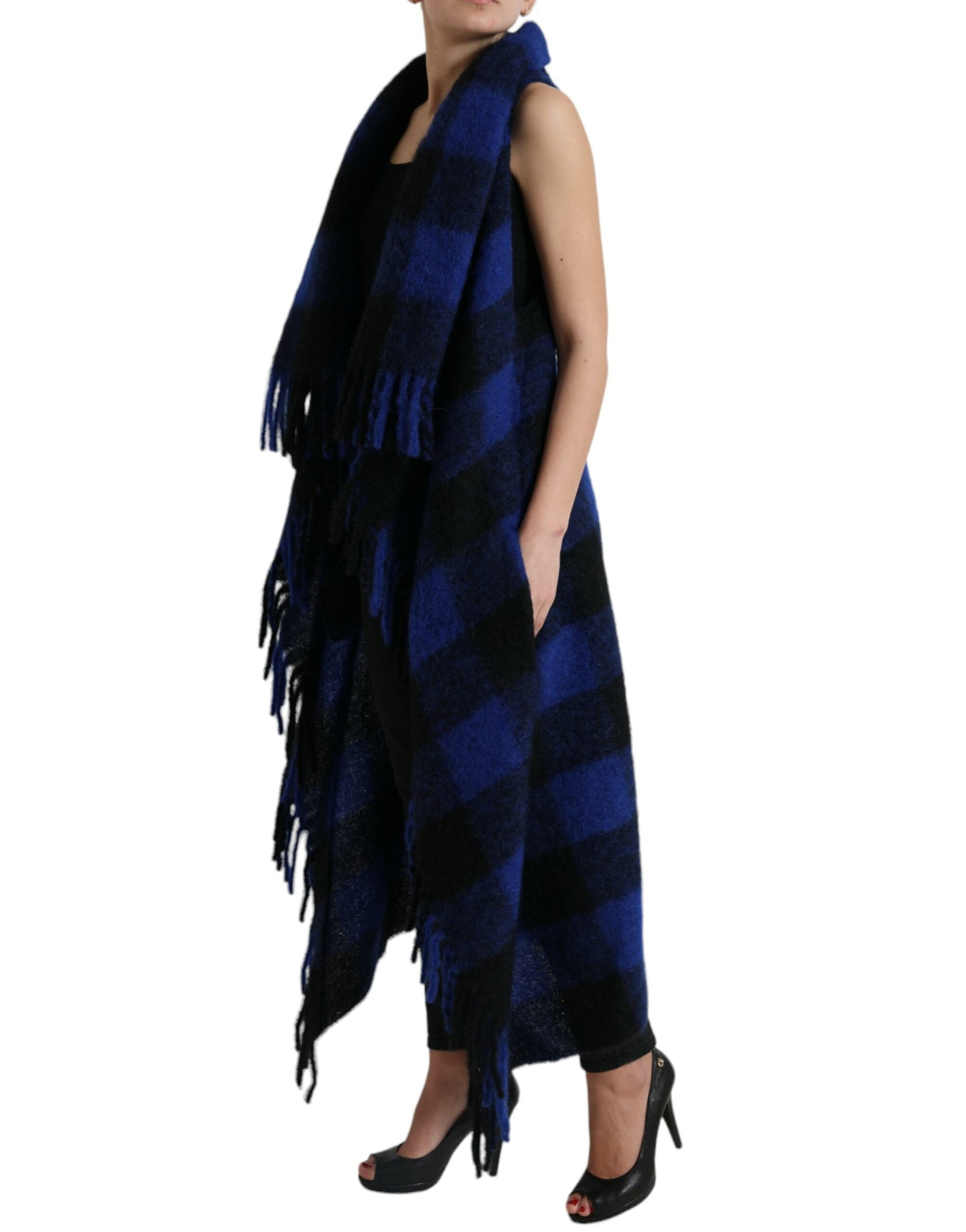 Elegante poncho cardigan con frange a quadri