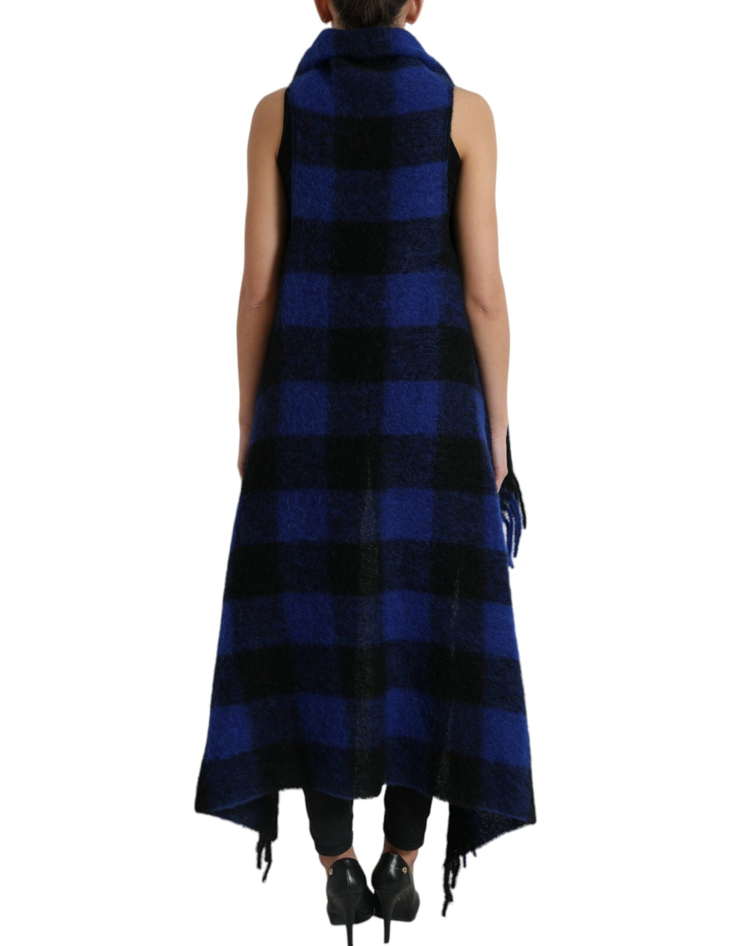 Elegante poncho cardigan con frange a quadri