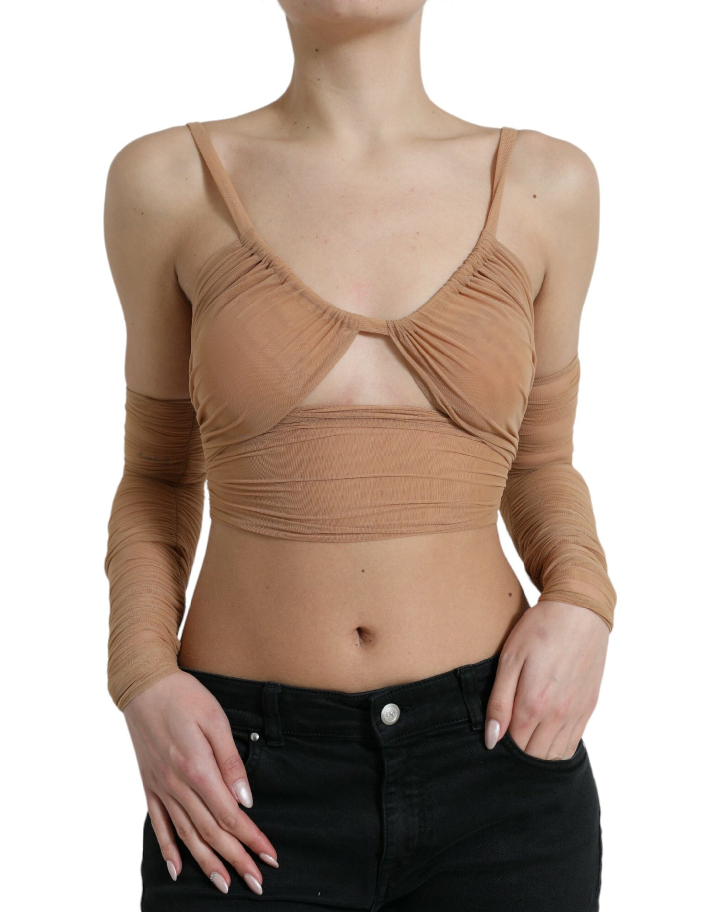 Elegante top corto a maniche lunghe marrone
