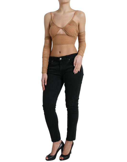 Elegante top corto a maniche lunghe marrone