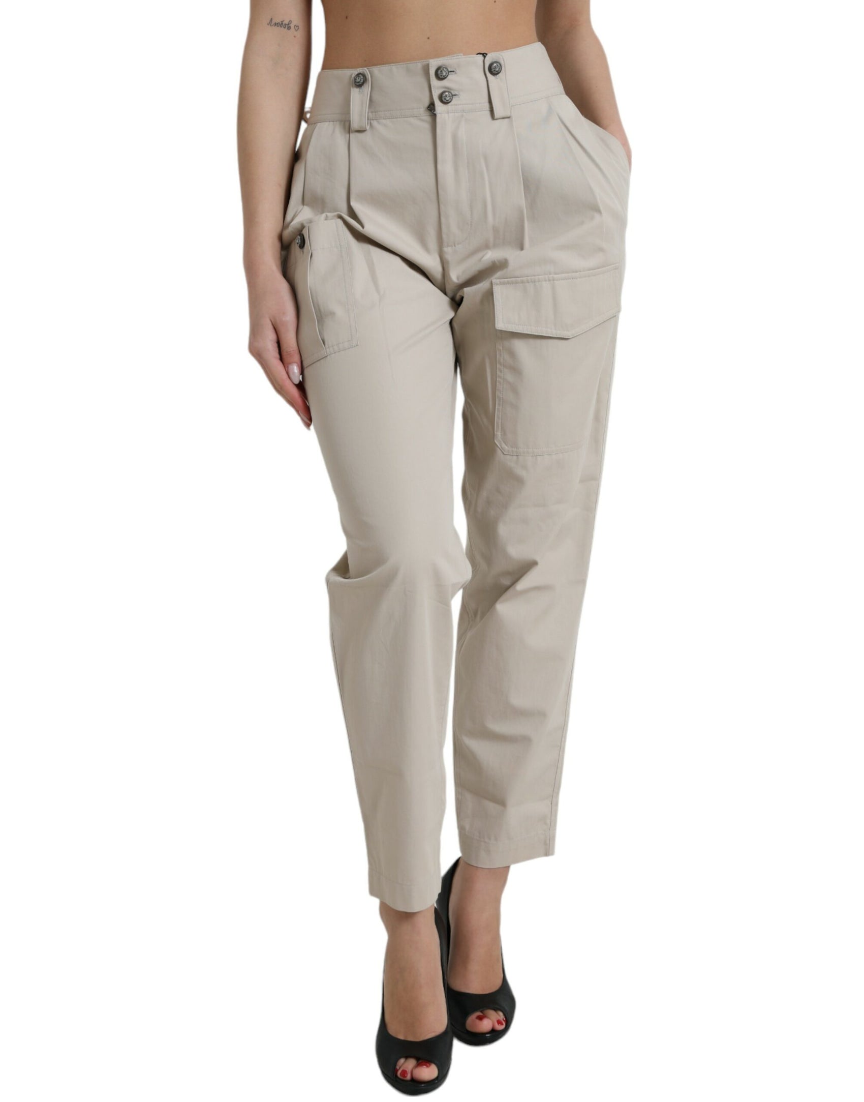 High-Waist Tapered Fashion Pants - Beige