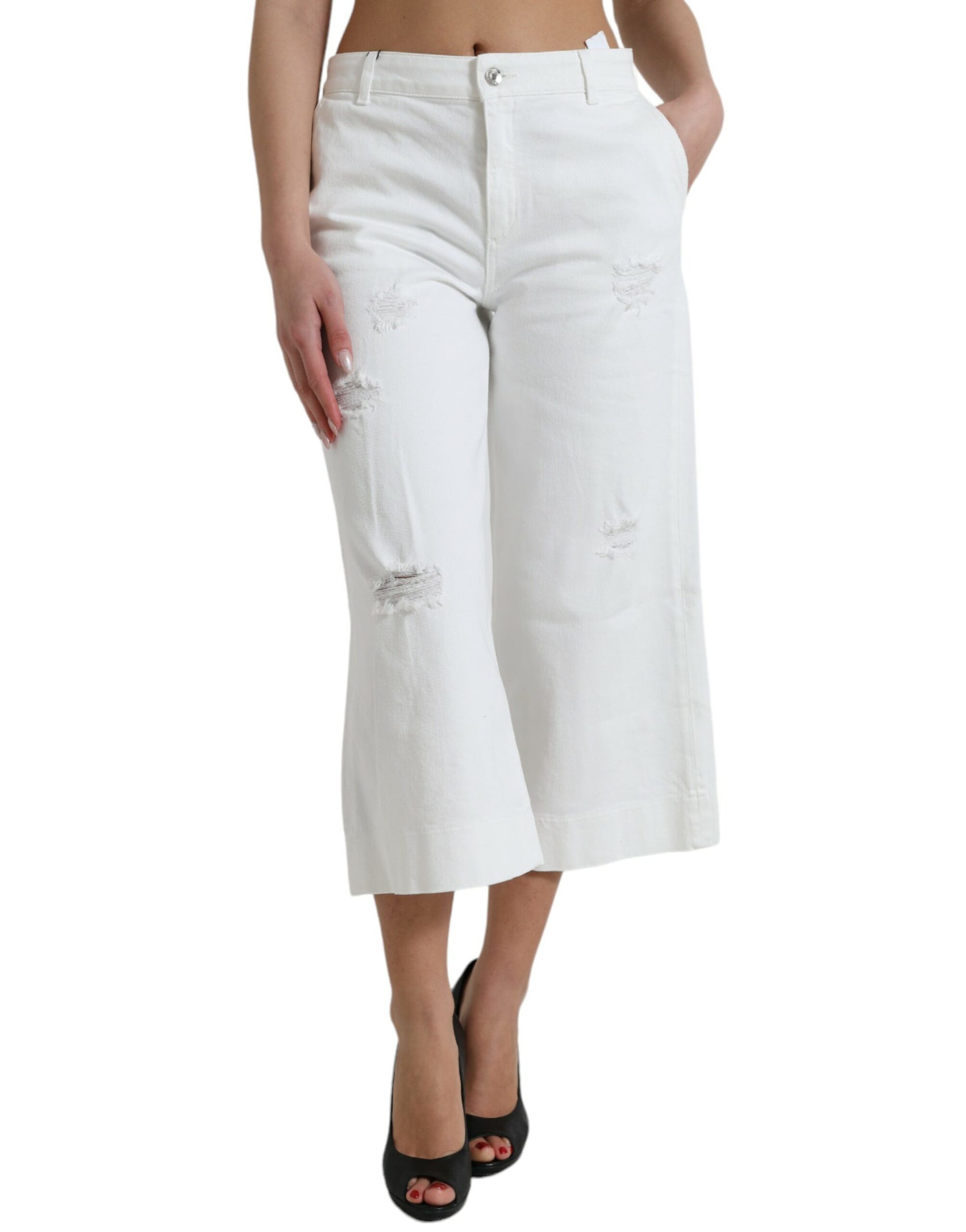Eleganti jeans bianchi a vita media in denim cropped