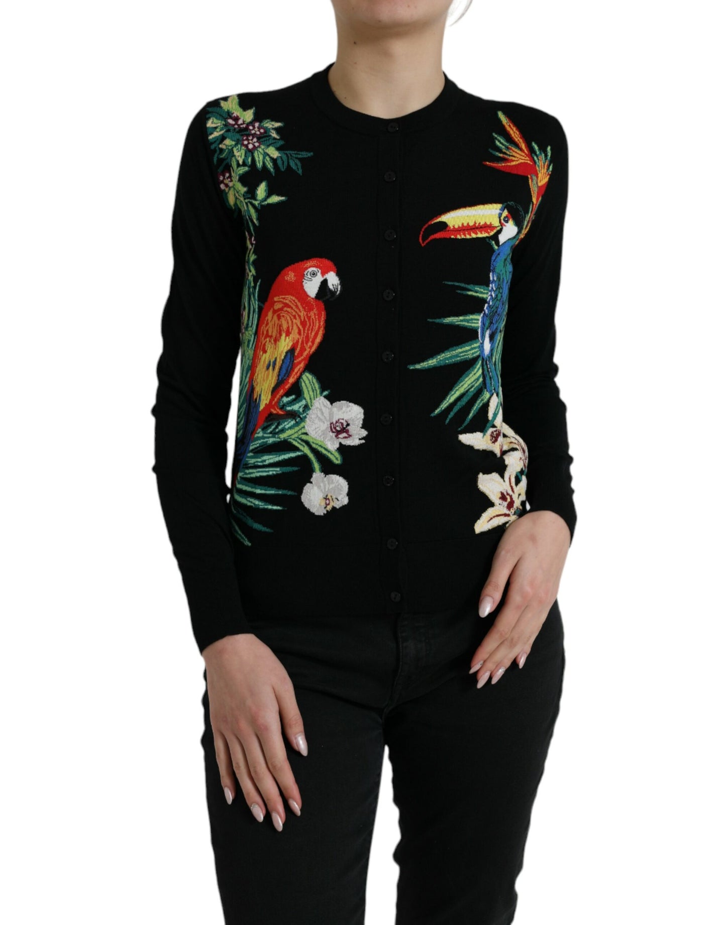 Elegante maglione cardigan in lana e seta stampato