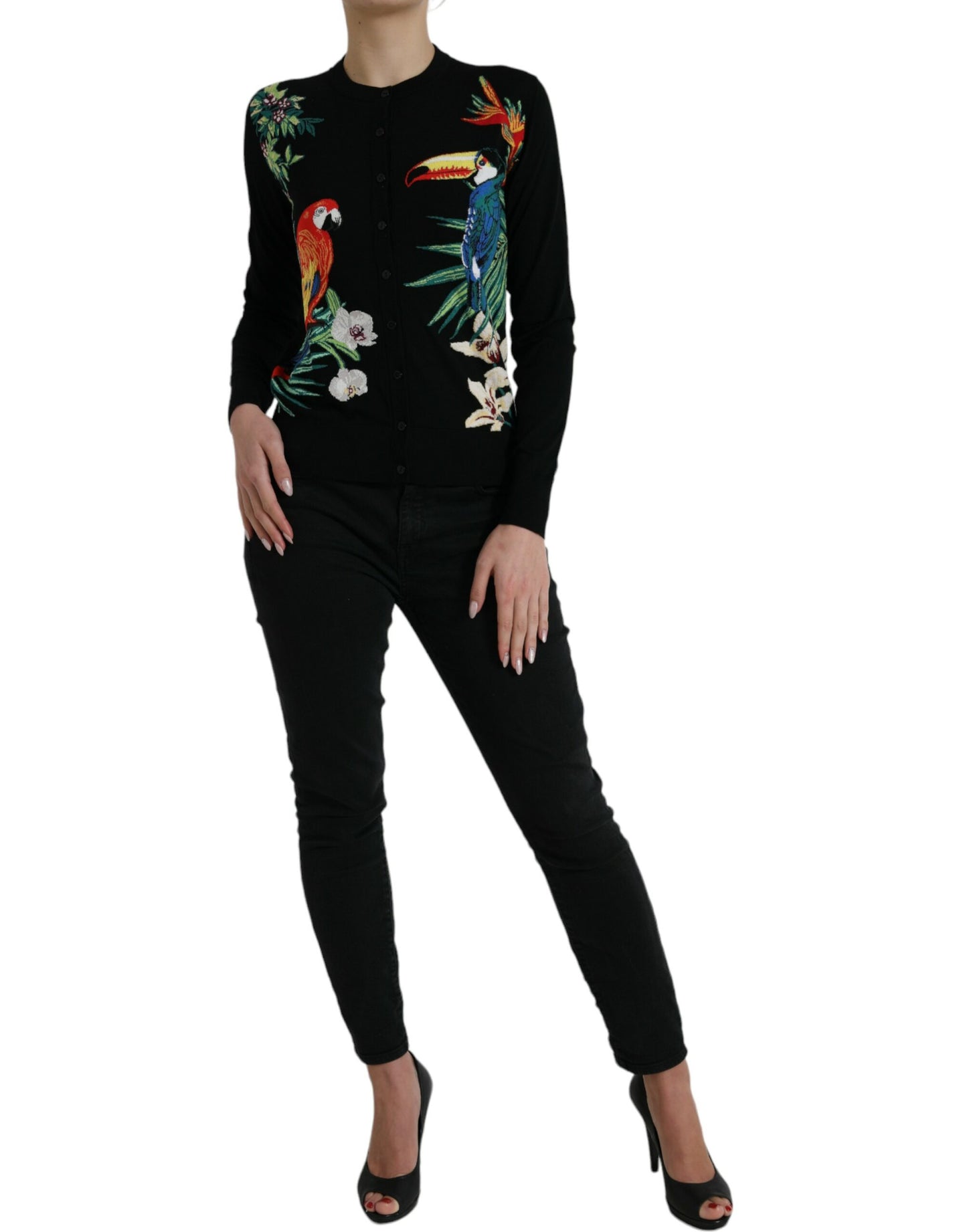 Elegante maglione cardigan in lana e seta stampato