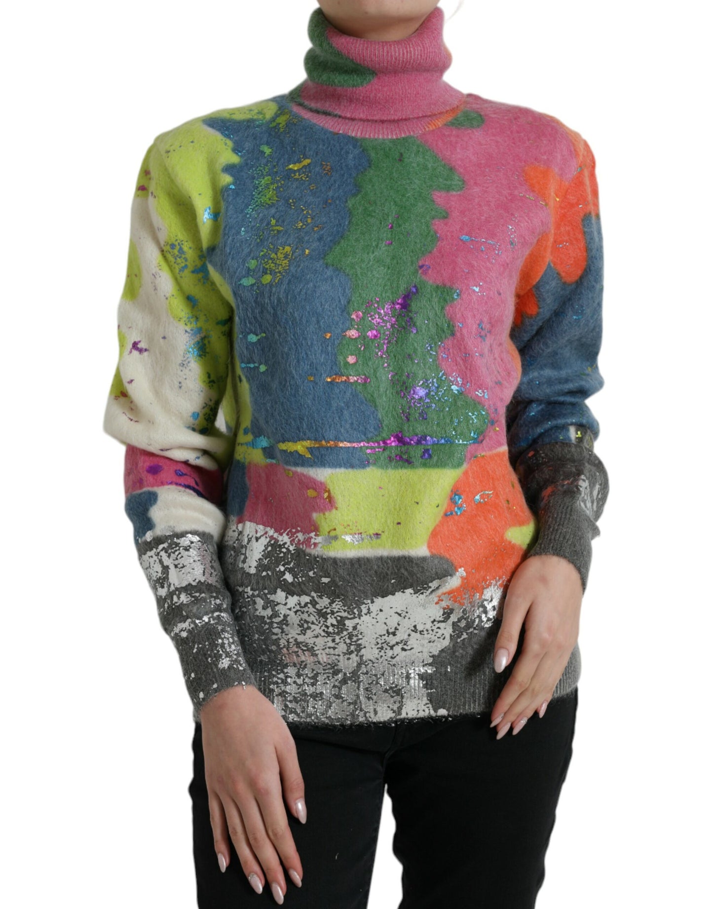 Maglione casual a collo alto in mohair multicolore