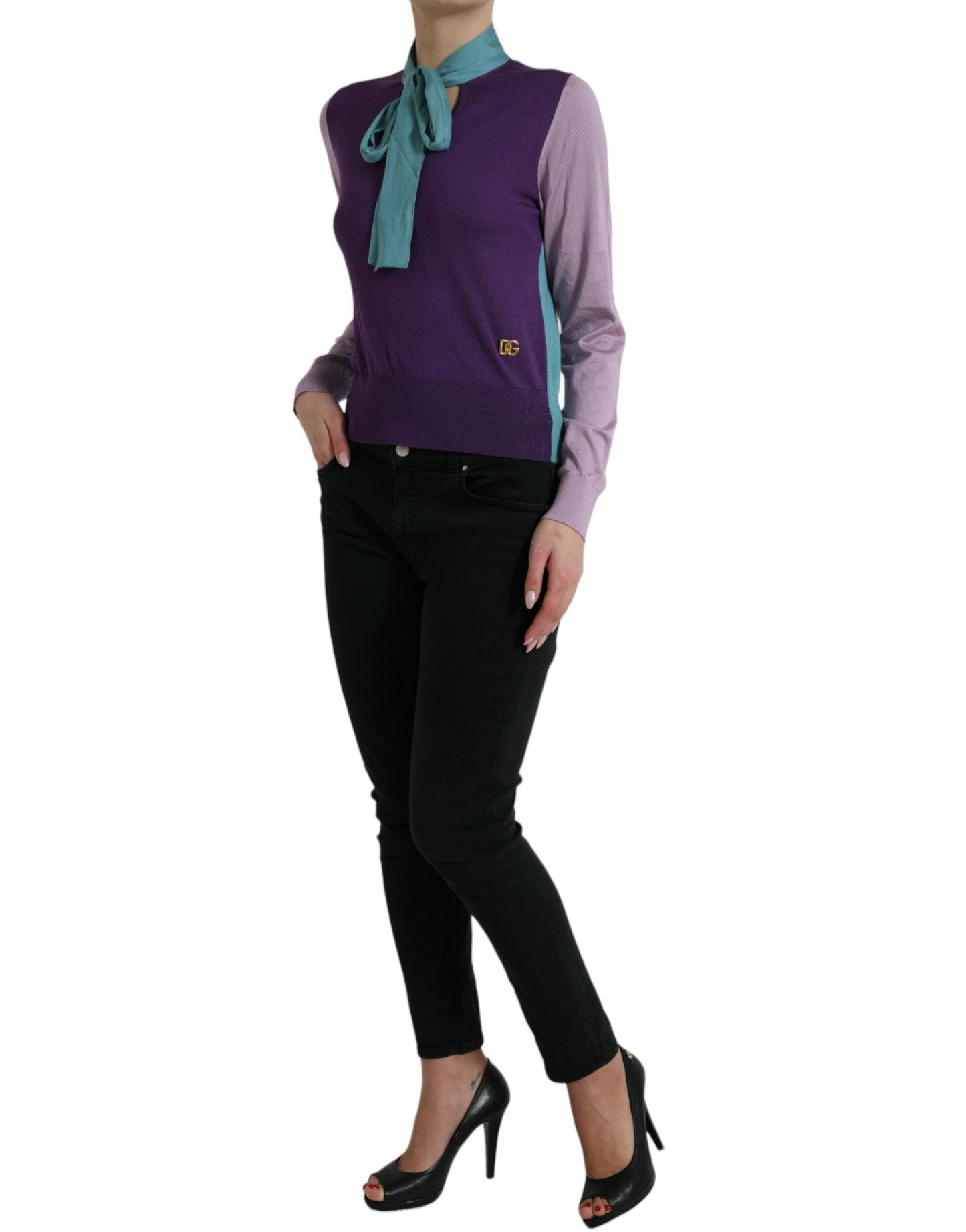 Maglione con fiocco in seta multicolore