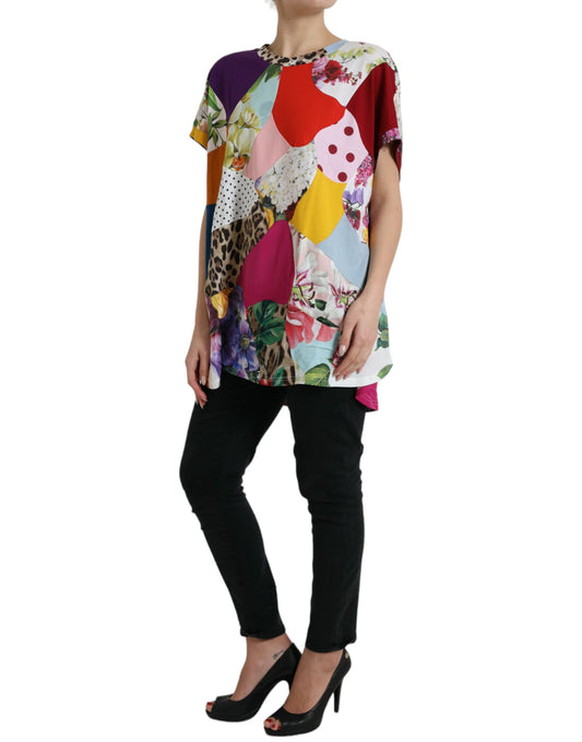 Blusa patchwork in cotone e seta multicolore