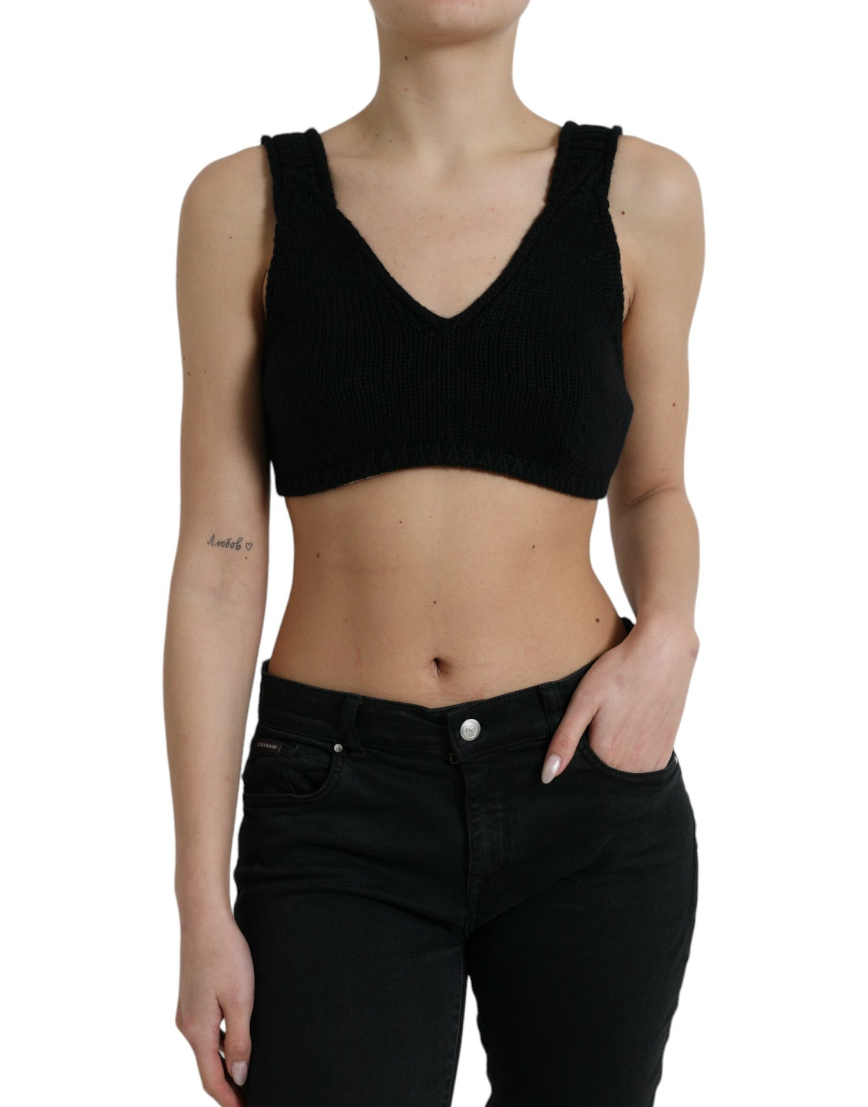 Elegante top corto bustier in cashmere nero