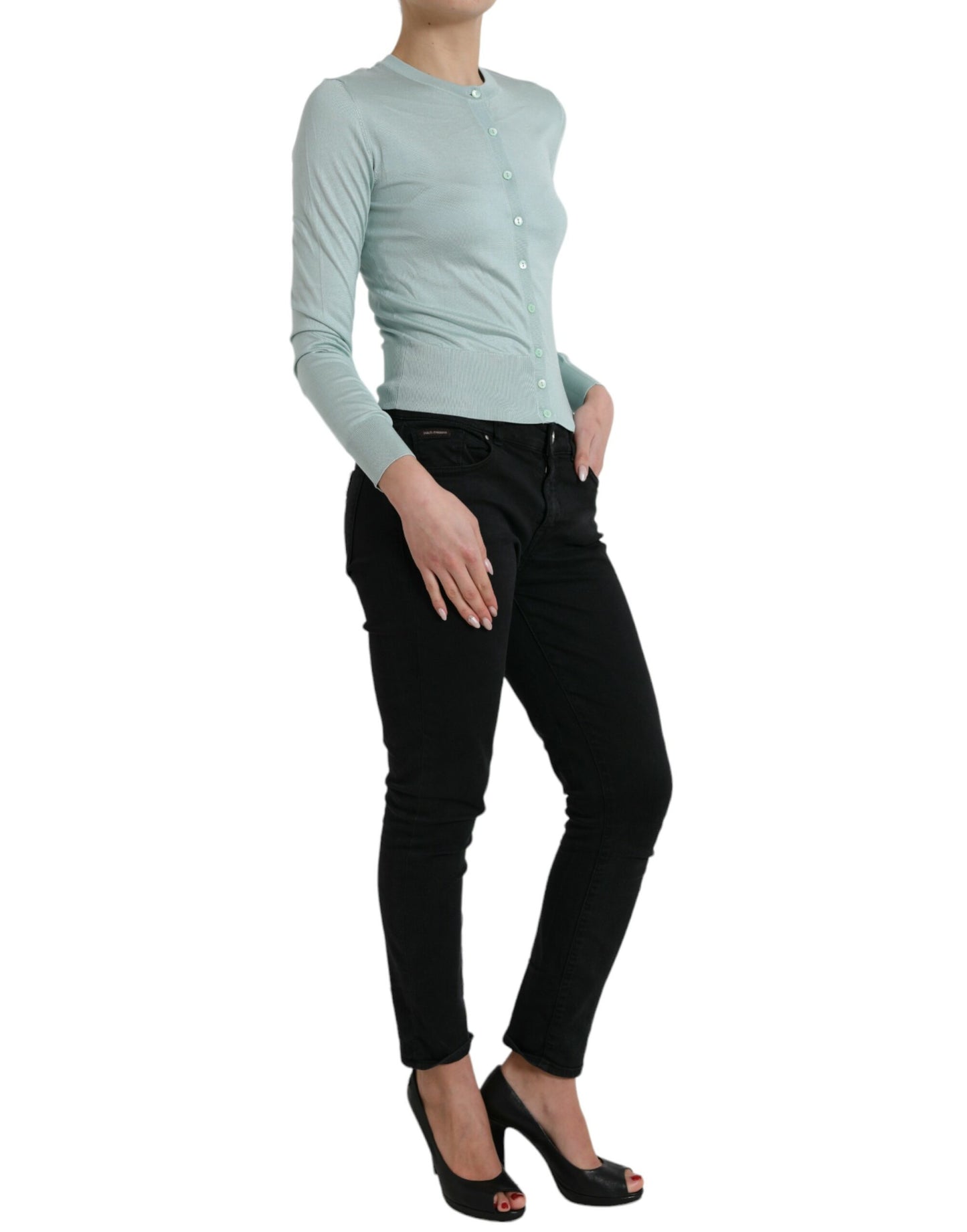 Elegante cardigan in seta azzurro chiaro