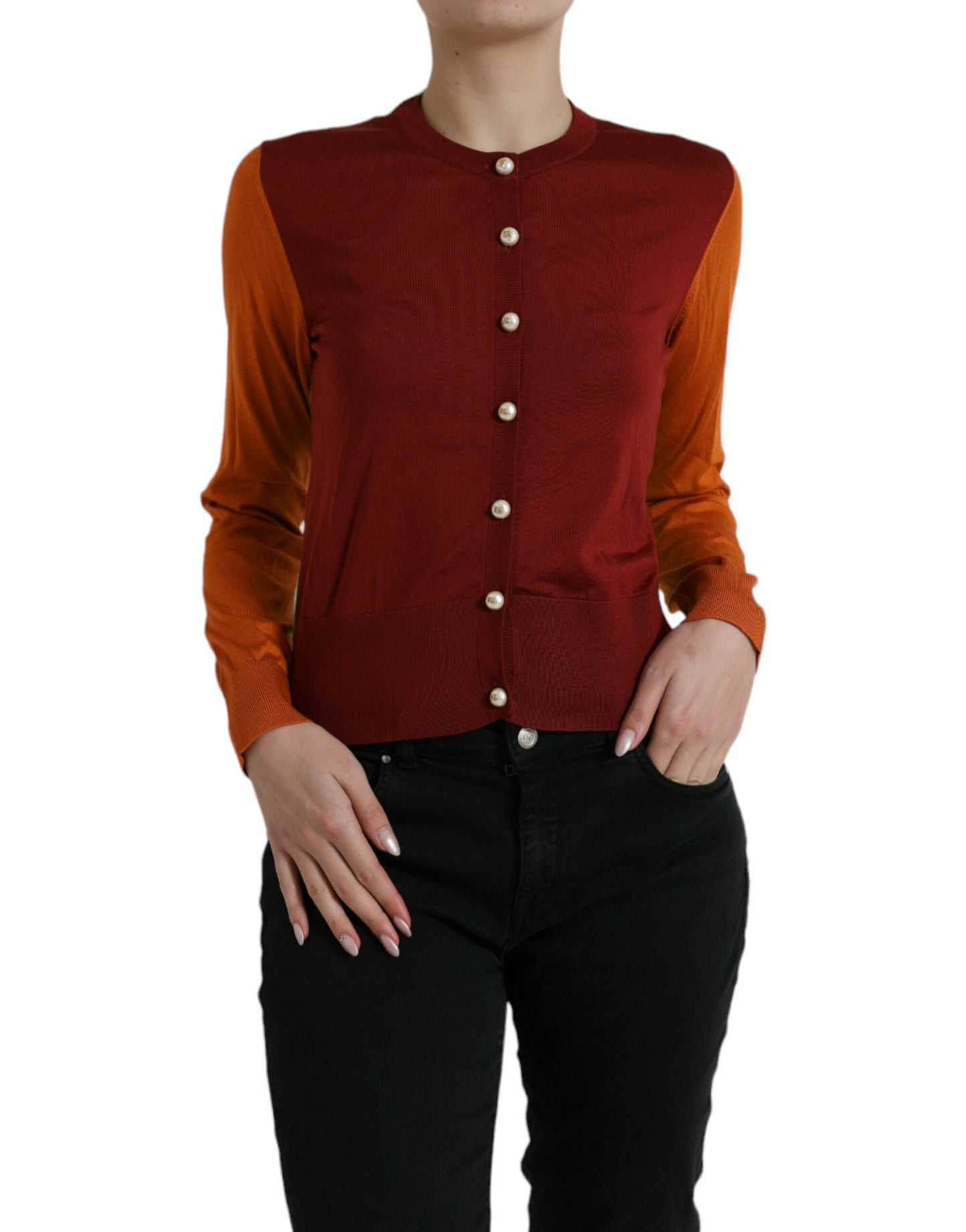 Elegante maglione cardigan in seta in toni vivaci