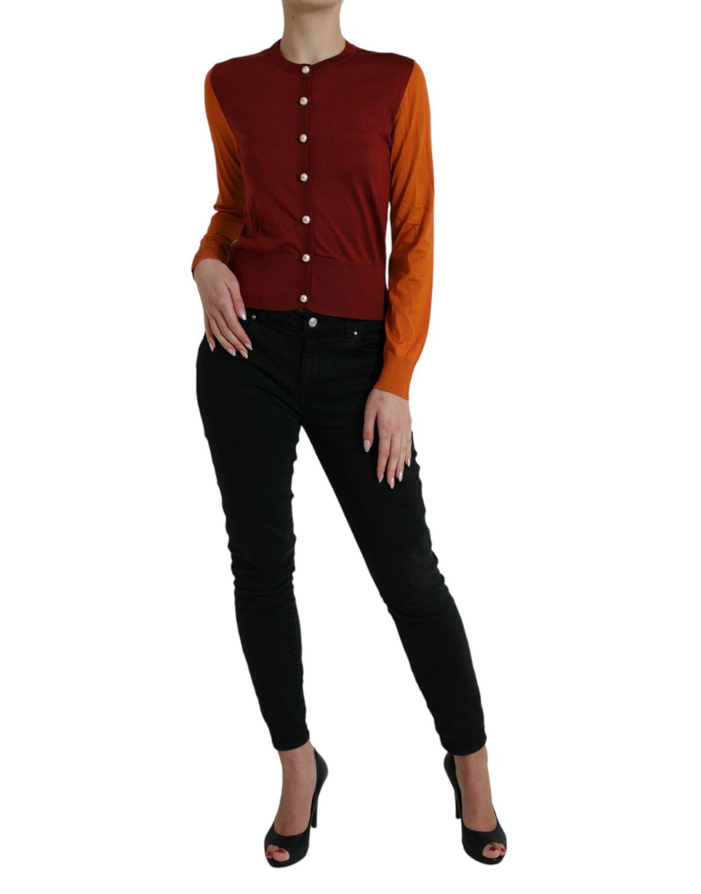 Elegante maglione cardigan in seta in toni vivaci