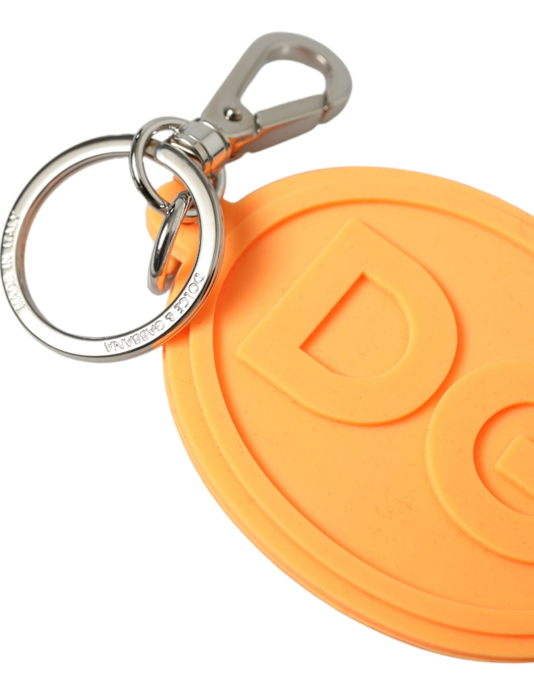 Dolce & Gabbana Orange Rubber DG Logo Silver Brass Metal Keyring Keychain