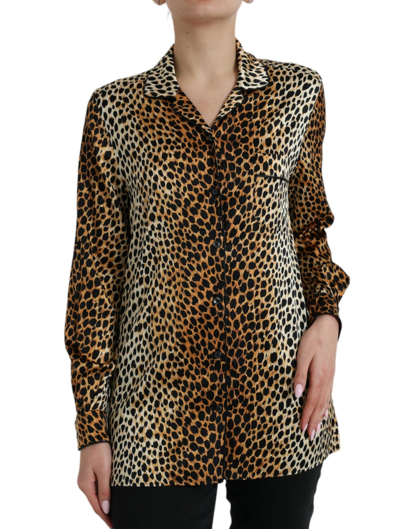 Elegante camicetta in seta con stampa animalier marrone