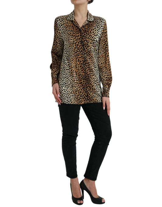 Elegante camicetta in seta con stampa animalier marrone