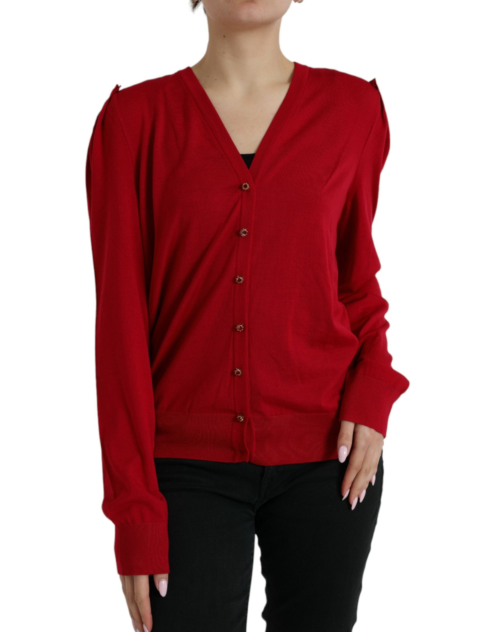 Elegante cardigan rosso in lana con scollo a V