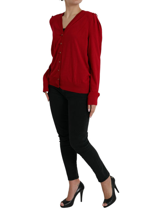 Elegante cardigan rosso in lana con scollo a V