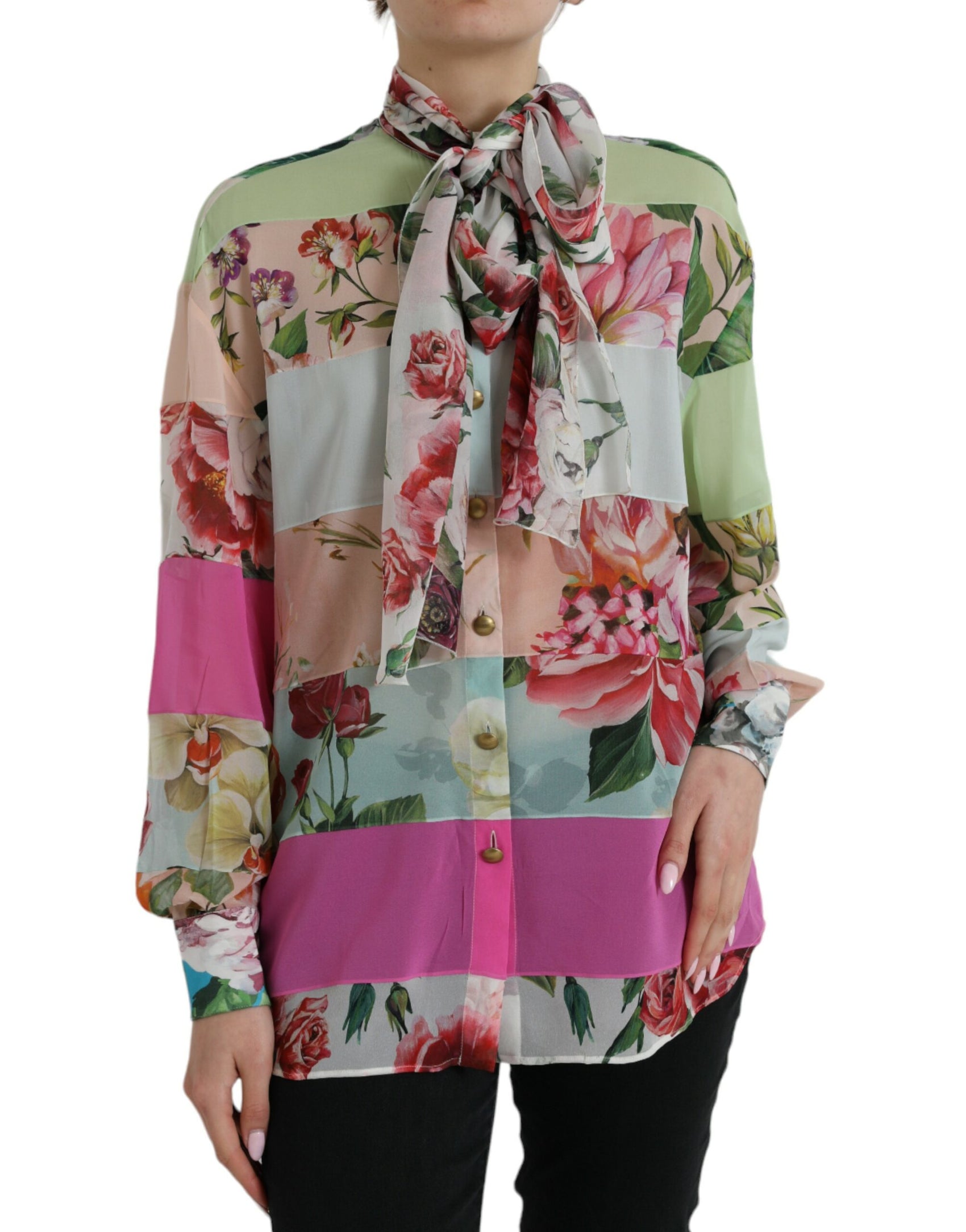 Elegante top a maniche lunghe in misto seta multicolore